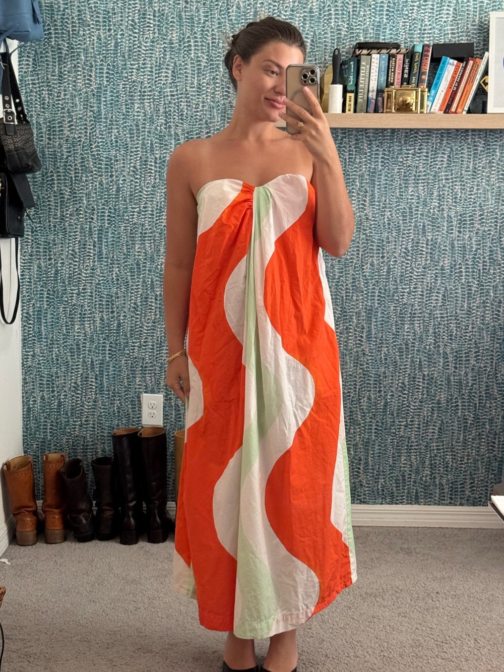 Mara Hoffman Orange and White Strapless Maxi Dress
